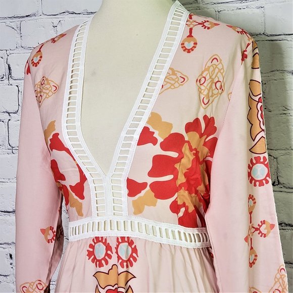 NWT Cage Trimmed Boho Beige Red Gold Maxi Dress - Picture 2 of 9